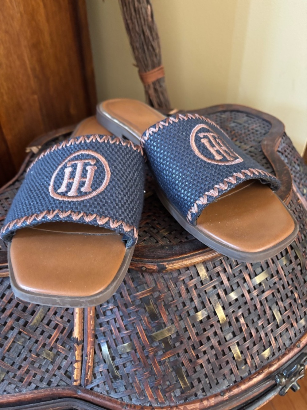 Tommy Hilfiger Navy and Brown Woven Slide Sandals